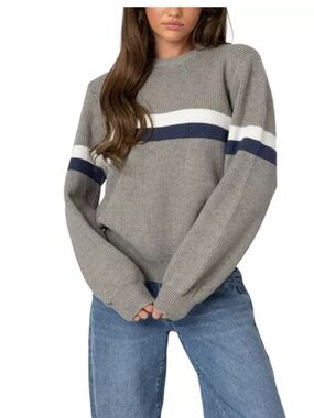 Edikted Nautical Stripe Oversized Gray Crewneck Stripe Sweater - Women’s M/L